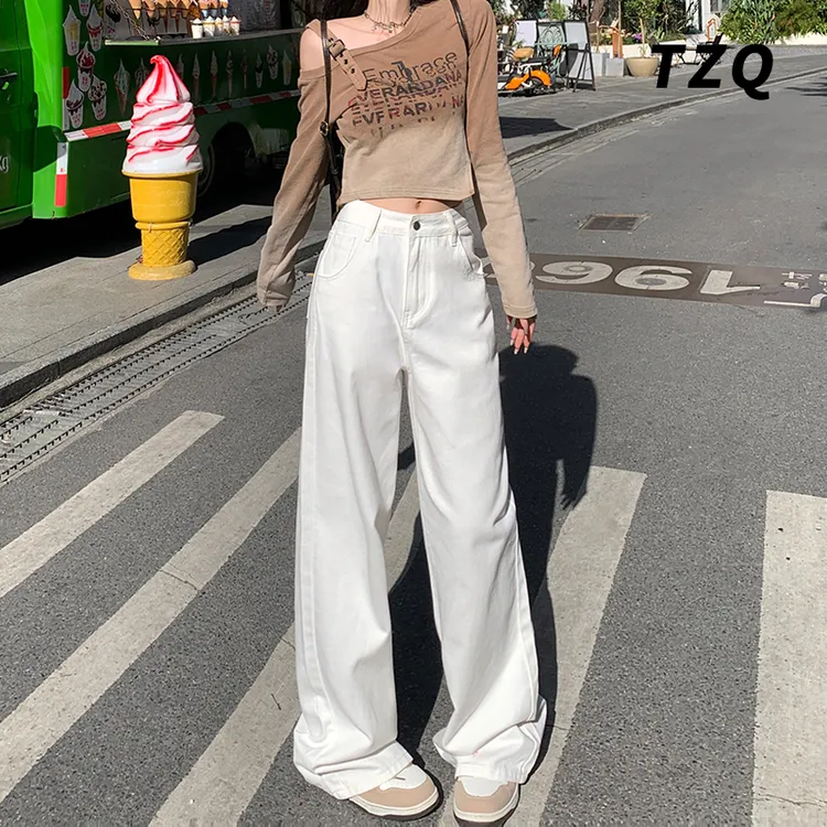 2024秋冬复古高腰宽松牛仔裤女阔腿白色百搭垂感直筒裤TZQ122362