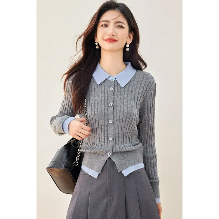 法式条纹针织开衫女2025年秋季小香风简约通勤百搭假两件拼接上衣