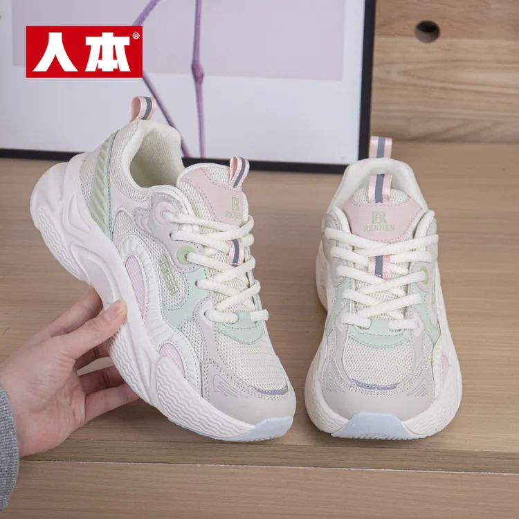 人本女款跑鞋2025春季新款皮面防水增高耐磨防滑时尚休闲运动鞋