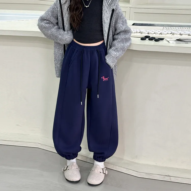 儿童冬装大女童装加绒裤子一体绒秋冬款藏青色运动卫裤冬季6-12岁