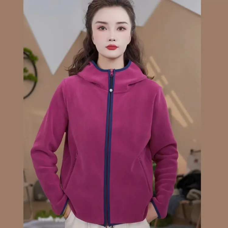 3810秋冬女户外抓绒衣保暖加厚连帽开衫弹力加绒时尚外套