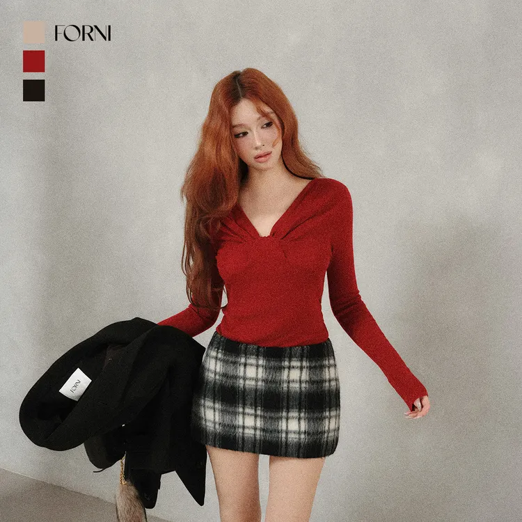 FORNI 法式复古优雅羊毛立体扭结针织打底