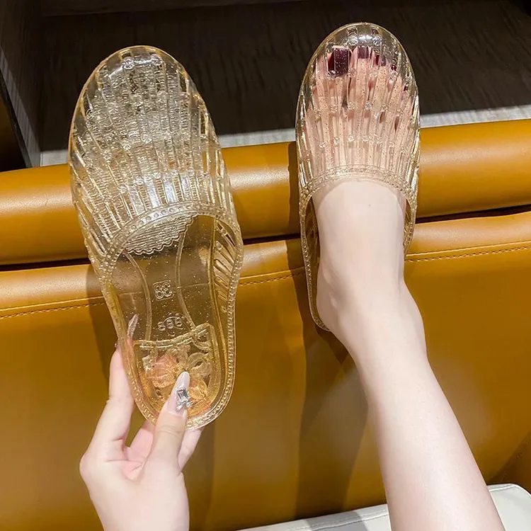 范哲萨包头拖鞋女水晶透明果冻塑胶镂空防滑防臭居家夏半拖鞋凉拖