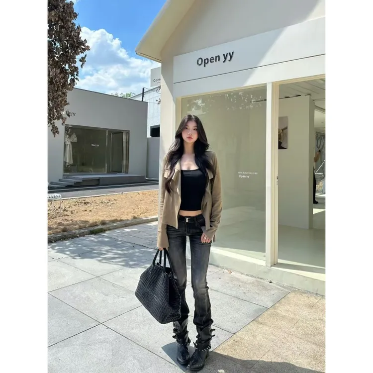 withmin凉皮 秋日地平线 低腰辣妹黑色水洗小众设计牛仔裤2524156