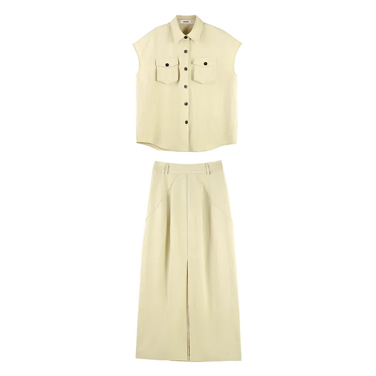 清！「京京」25新款休闲无袖翻领马夹上衣高腰半裙套装SHBZC621204