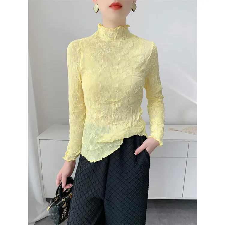 三宅依褶皱手工乱褶上衣女打底衫修身休闲百搭显瘦减龄气质T恤