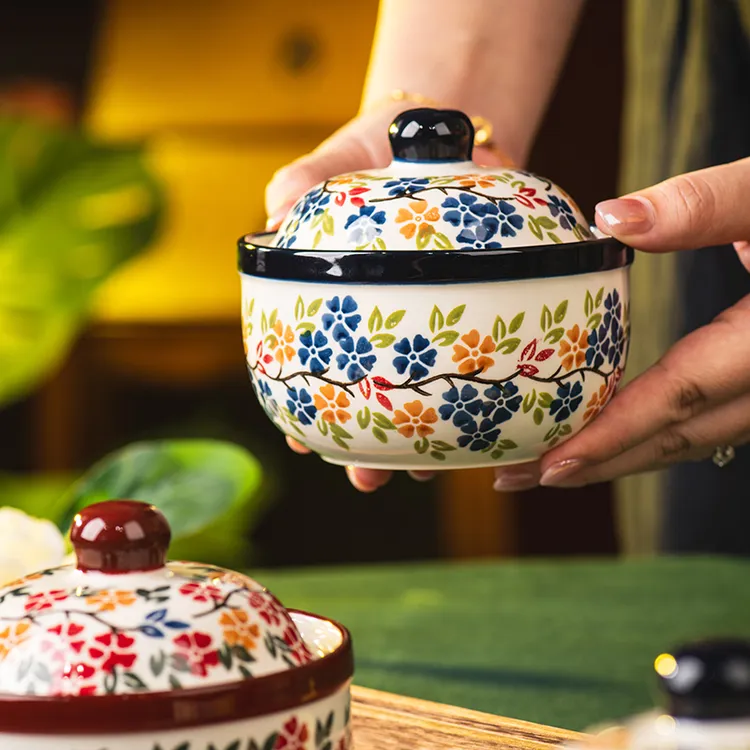 手绘炖盅陶瓷瓦罐汤炖盅家用炖汤盅隔水炖带盖汤盅复古煲汤小瓦罐