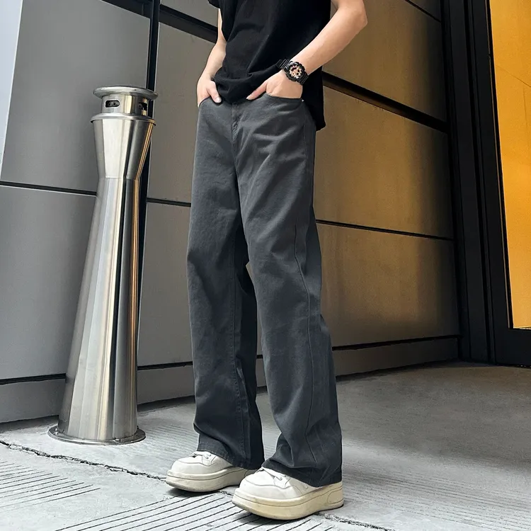 QUALCOMM军灰色宽松直筒牛仔裤男款秋季美式复古cleanfit垂感长裤