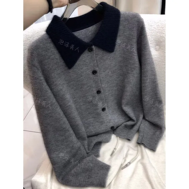 云烟灰小翻领」百搭柔软！加厚显瘦女士翻领针织开衫女2025秋冬新款