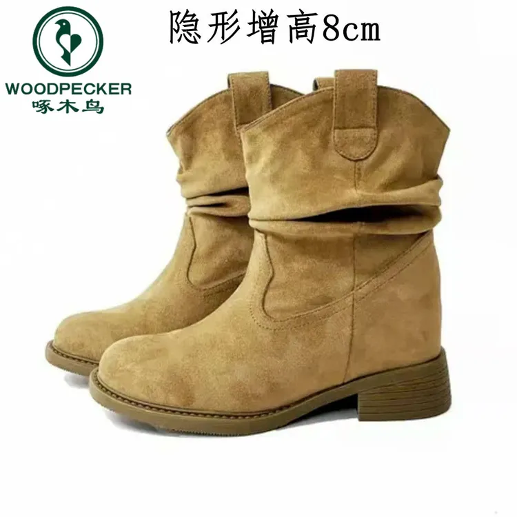 啄木鸟小个子专属内增高8CM马丁靴女秋冬百搭潮流西部牛仔中筒靴