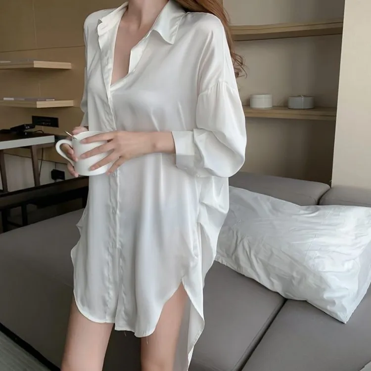 【BF睡裙】性感睡衣春夏男友风衬衫冰丝大码纯欲薄款秋季睡裙女款