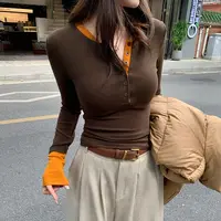 老钱风女装撞色假两件内搭长袖T恤秋季修身显瘦独特打底衫小上衣