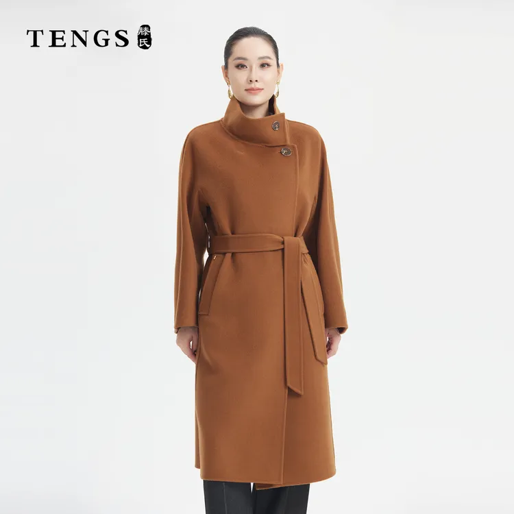 TENGS滕氏女装简约修身绵羊毛高领系带长款大衣