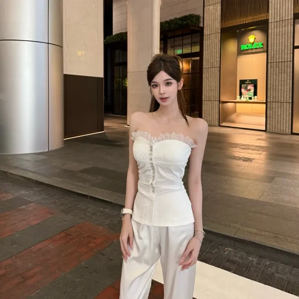 FAY【白乳椰椰】夏季新款水钻单排扣蕾丝边ins抹胸背心上衣