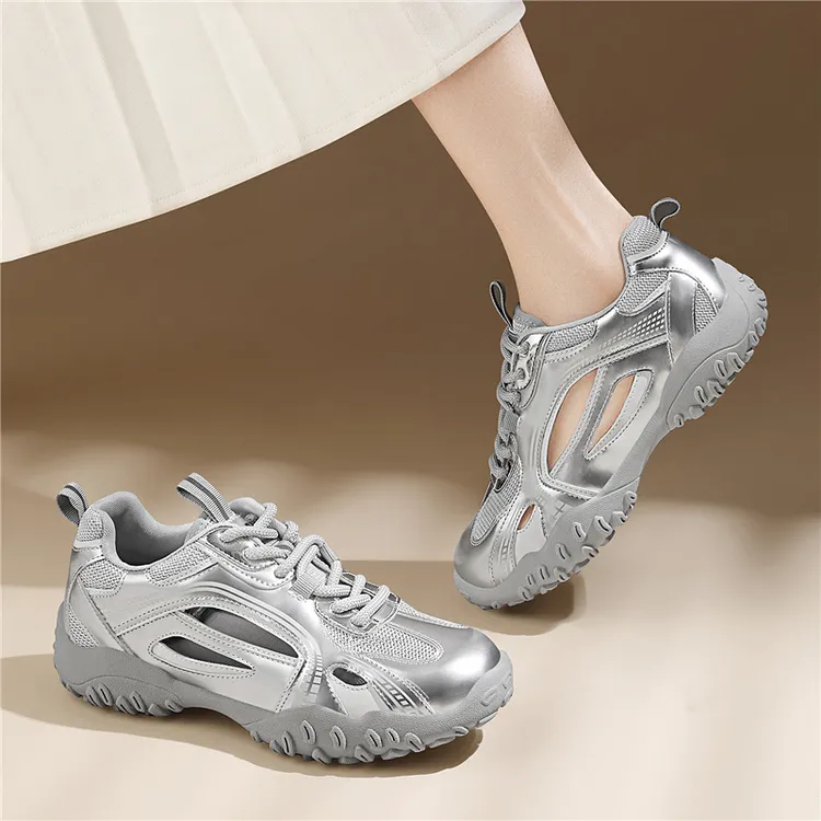 网红银色厚底增高老爹鞋女2025夏新款韩版网面百搭低帮轻便运动鞋