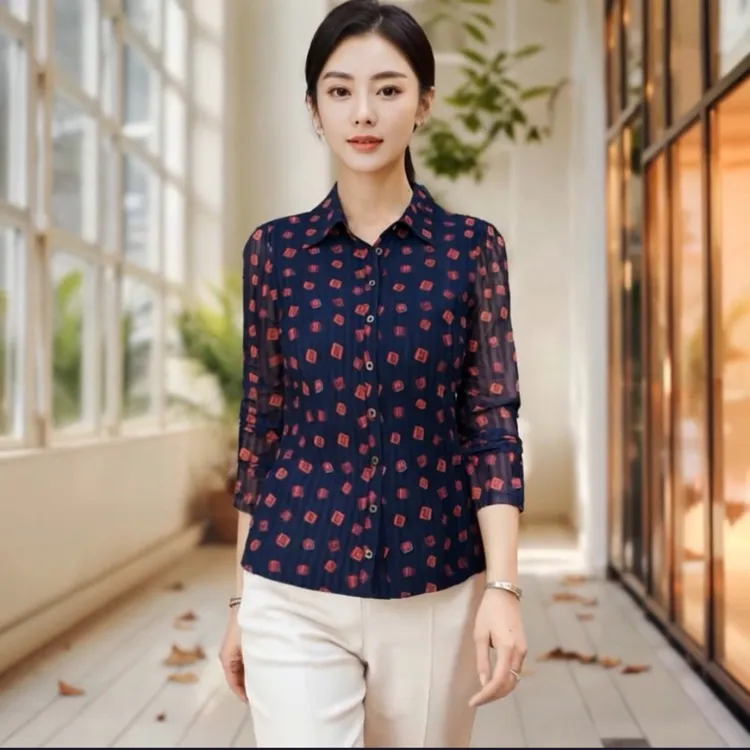 台湾网纱长袖春秋中年女装修身速干薄款衬衫翻领上衣时尚洋气