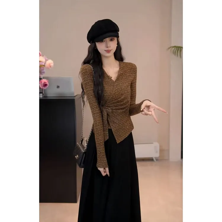 YUANLIANSU/圆脸酥【长风和煦】千金风蝴蝶结绑带交叉V领T恤女秋季