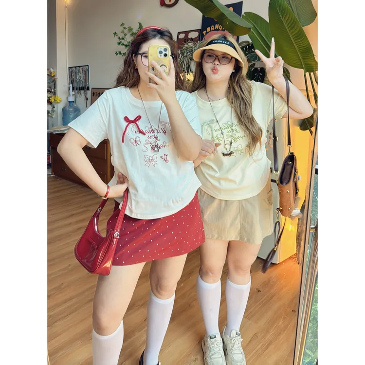 6504夏季新款大码女装正肩短袖T恤蝴蝶结装饰印花宽松显瘦上衣服