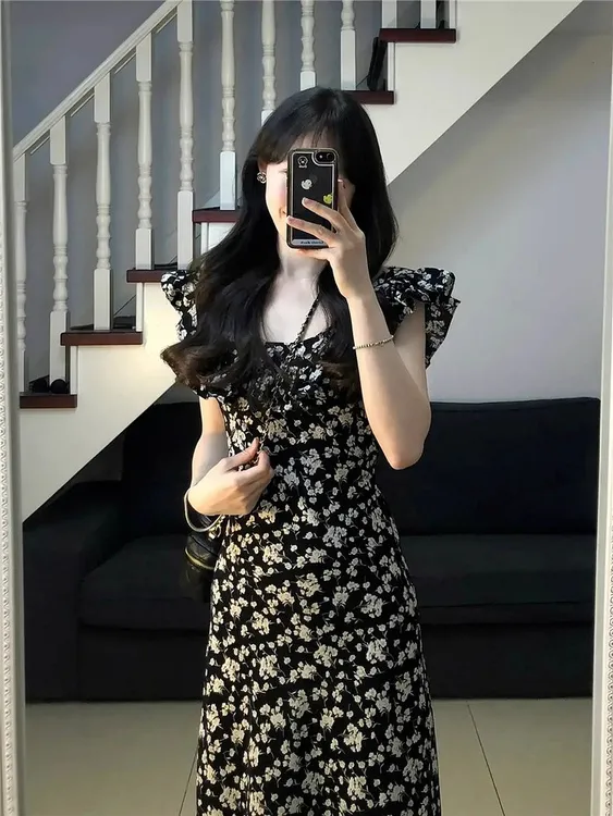 【现货+运补】法式气质高级飞飞袖收腰碎花2025新款长裙8761