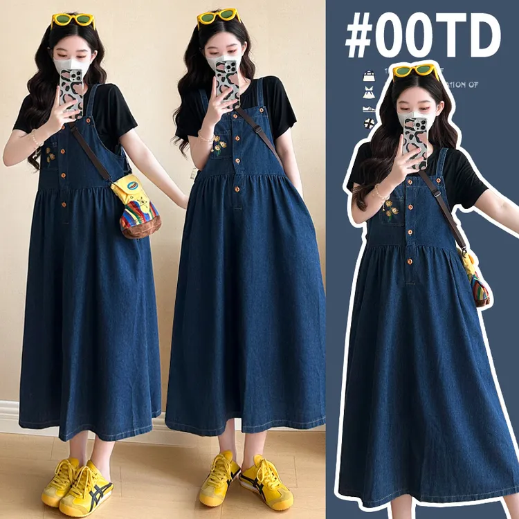 孕妇装2025夏新款韩版气质宽松显瘦简约高质感孕妇牛仔背带裙套装