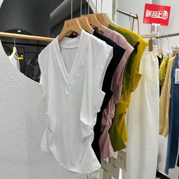 女士无袖V领褶皱收腰显瘦棉质简约百搭背心外穿t恤衫夏季设计感强