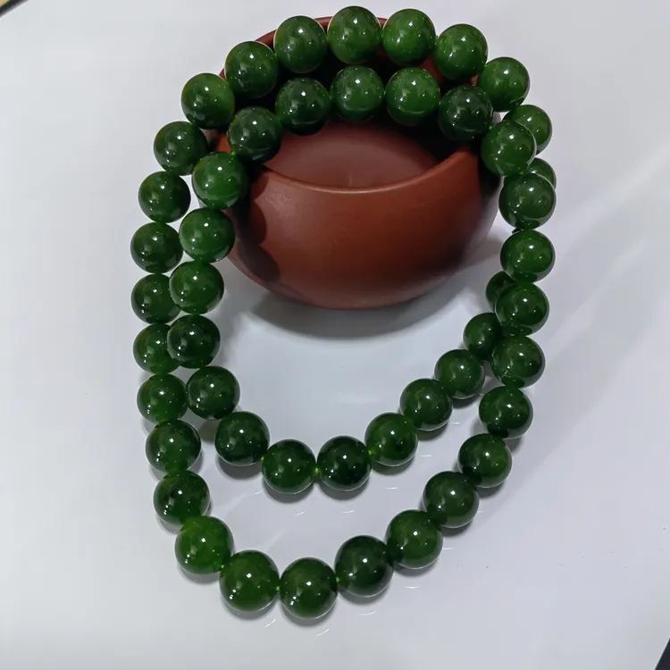 10mm碧玉和田玉万能颈饰链圆珠女款珠链绿色时尚气质妈妈链菠菜绿