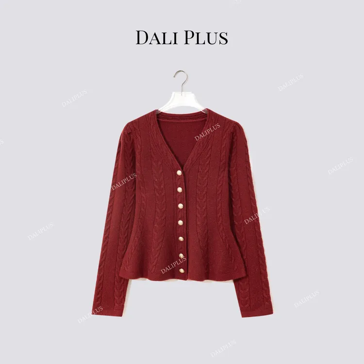DALI PLUS“收腰V领毛衣”羊驼毛羊毛混纺V领麻花针织衫-D5MM3350