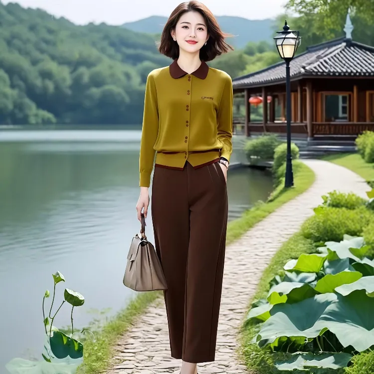 流行设计款2025年新款高级感撞色翻领针织衫+休闲气质裤子两件套