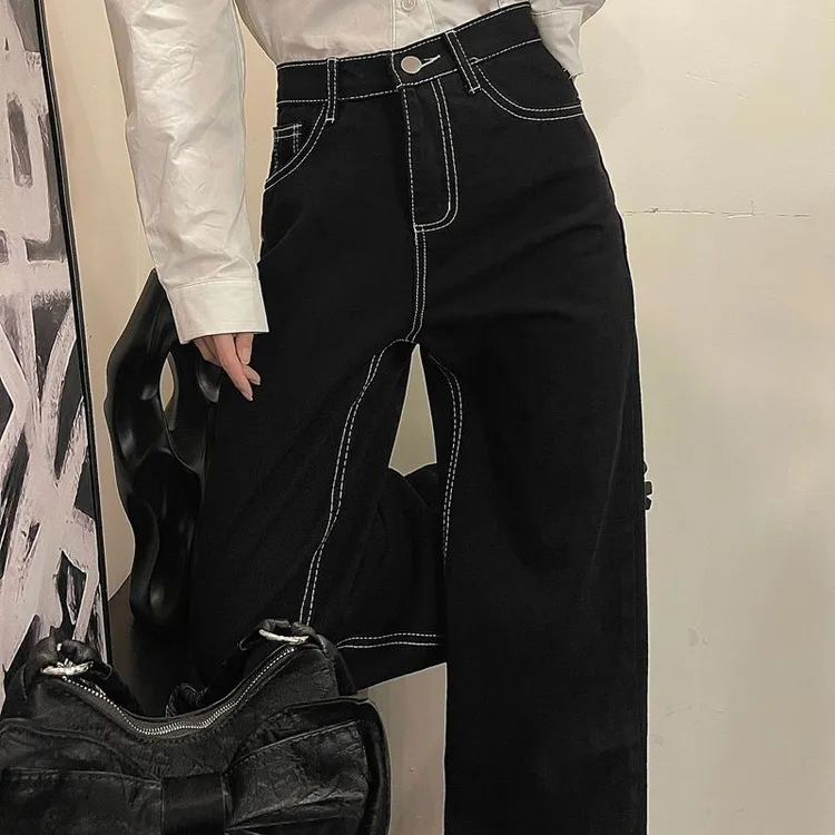 黑色牛仔裤女直筒显瘦春秋新款宽松美式复古高腰阔腿裤子女潮ins