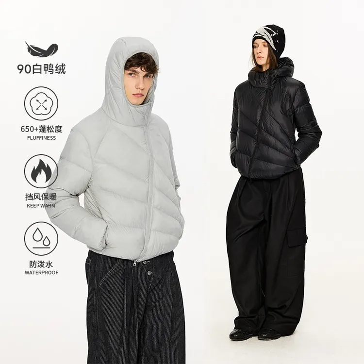 KREATE「放射线」轻薄短款90白鸭绒排骨斜拉链解构冬保暖连帽羽绒服