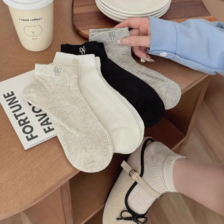无骨镂空网眼夏季薄款短袜刺绣蝴蝶结低帮袜透气吸汗不闷脚棉袜