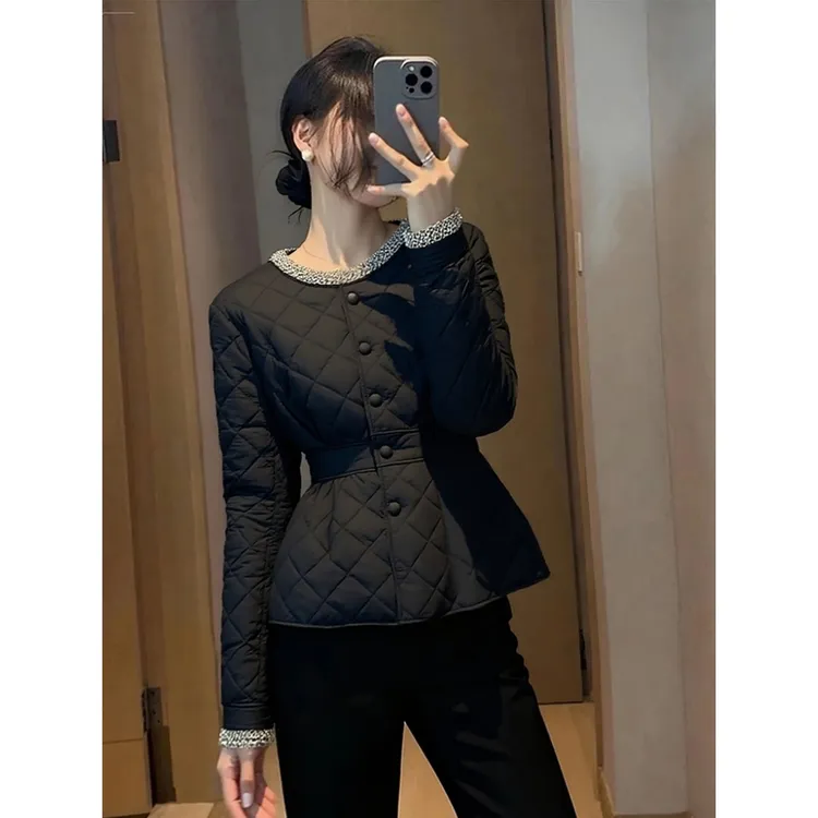 棉服女款2025新款冬巨好看独特漂亮气质高端加厚黑色菱格夹棉外套