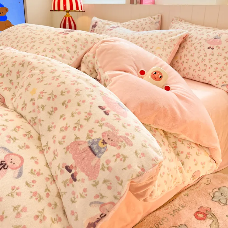 牛奶绒四件套ins印花被套冬季保暖学生宿舍床单三件套加厚加绒