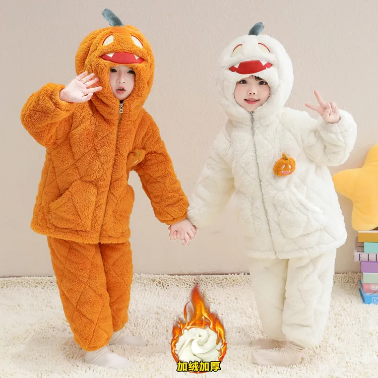 男女童三层夹棉保暖睡衣儿童2025新款珊瑚绒家居服连帽两件套冬款