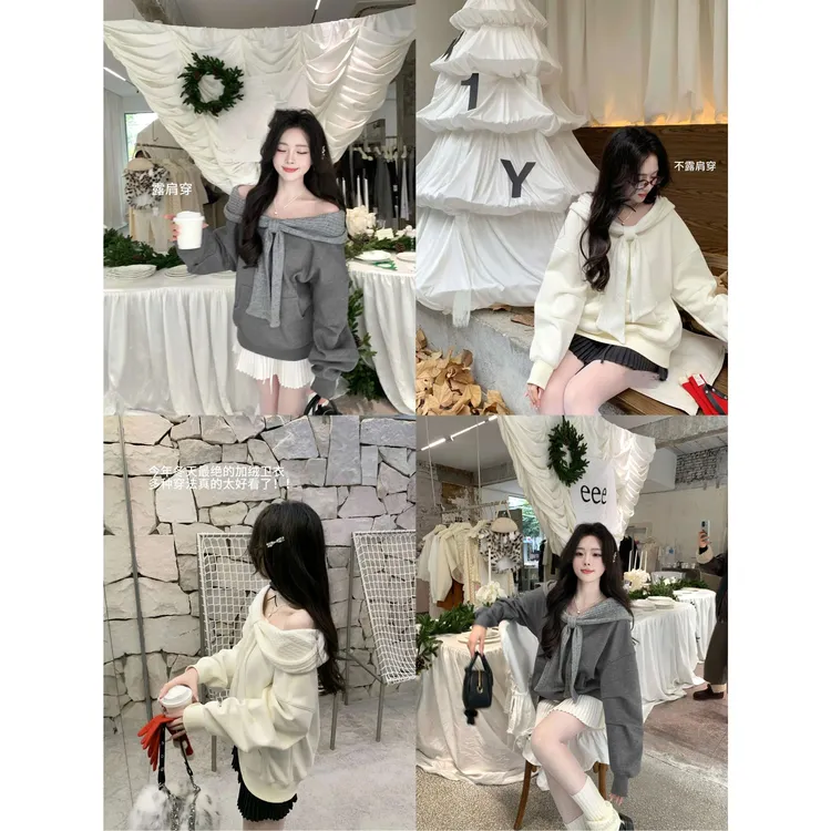 【两穿蝴蝶结卫衣】设计感一字肩连帽宽松加绒卫衣23836#