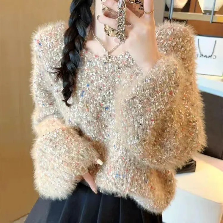 温柔风宽松毛衣女小个子慵懒秋冬加厚粗毛线短款仿马海毛针织衫