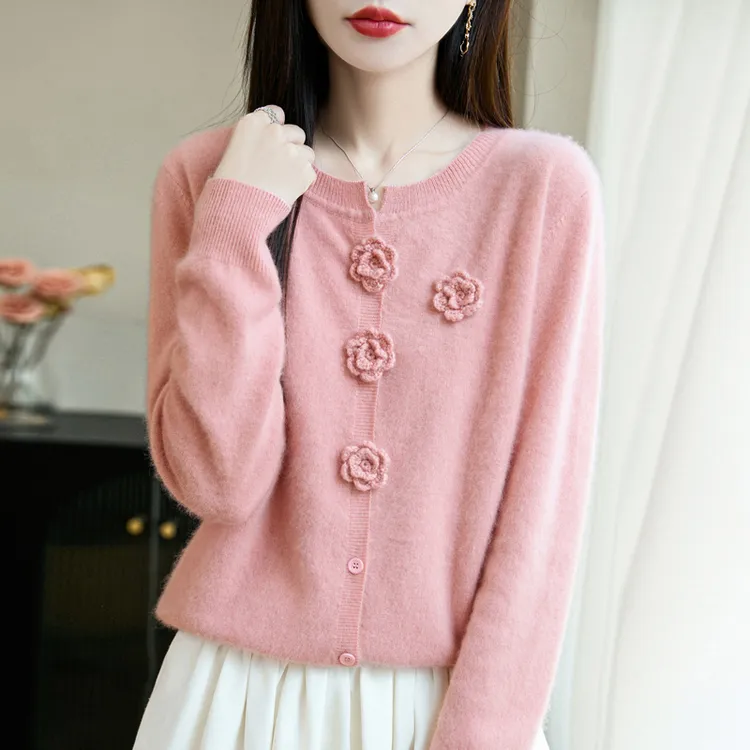 秋冬100%纯羊毛开衫女圆领减龄手工立体钩花针织毛衣打底宽松外套