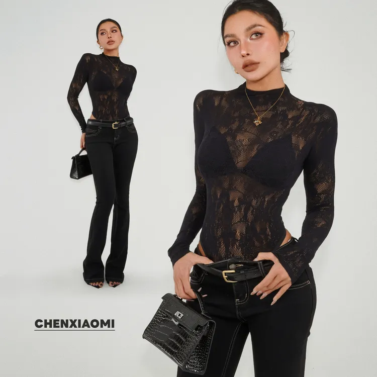 【蜜蜜家】烟花易冷 欧美辣妹性感蕾丝镂空长袖连体衣 WD/02645