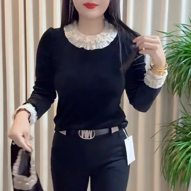 法式复古丝绒长袖珍珠蕾丝领新款宽松显瘦气质上衣打底衫T恤