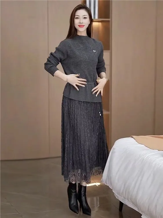 大码加厚保暖时尚假两件拼接纱网百搭气质显瘦连衣裙秋冬款针织裙