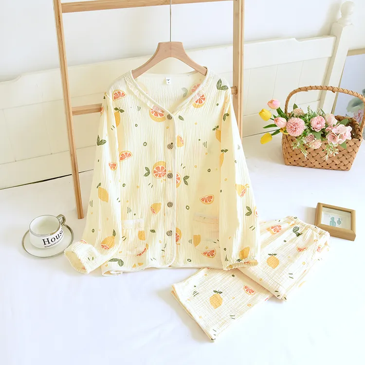 暖气房居家睡衣女纯棉100%双层软面纱宽松秋冬透气家居服可外穿