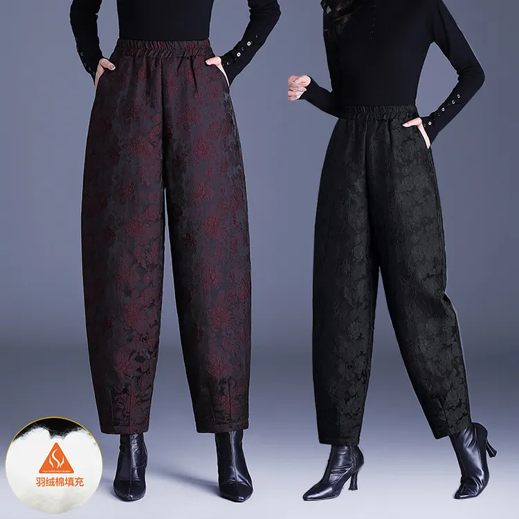 立体浮雕提花哈伦裤女2025冬季夹棉保暖大码灯笼裤时尚休闲裤靴裤