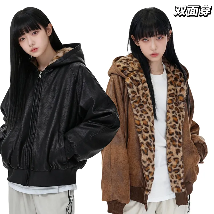 ROSE冬季百搭宽松座山豹加绒加厚雾面霜冻双面穿短款棉服夹克男女