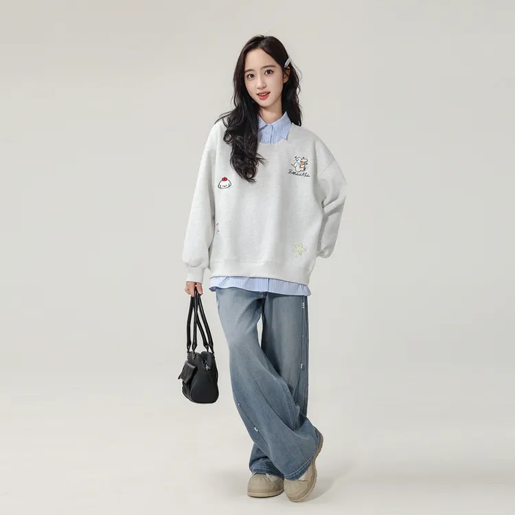 25763女大童卫衣秋季新款假两件绣花8-18岁女童百搭宽松韩版