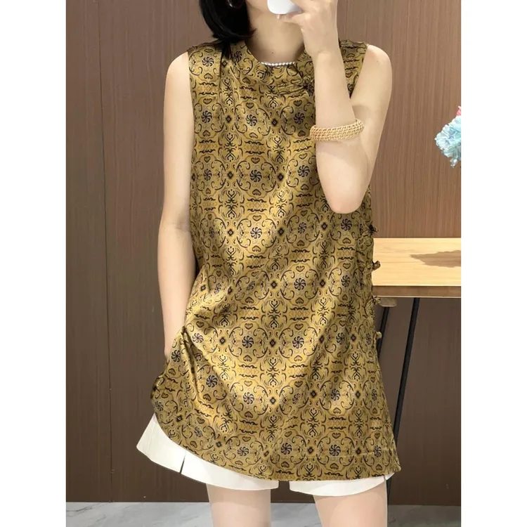新中式女装卡其色立领盘扣无袖印花旗袍上衣夏季高端国风气质背心