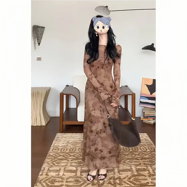 法式性感辣妹碎花圆领长袖连衣裙女装早秋新款收腰显瘦鱼尾长裙子