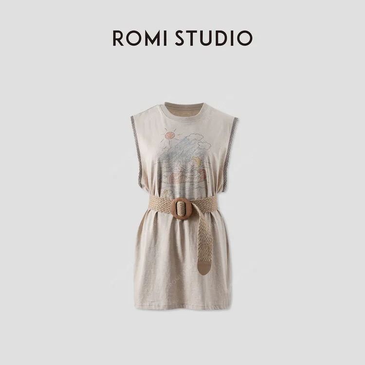 ROMI STUDIO“美式趣味”手绘印花全棉宽松中长款无袖T恤RWCRS84180