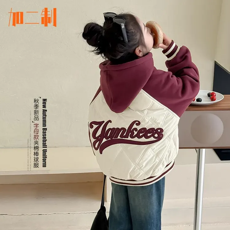 加二制轻奢童装冬装加厚儿童装连帽棒球服6-12岁女童春秋潮款外套