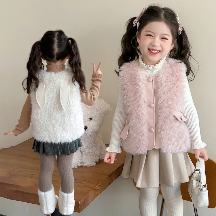 女童毛毛马甲秋冬季2025新款韩版洋气可爱仿皮草夹棉儿童冬装上衣