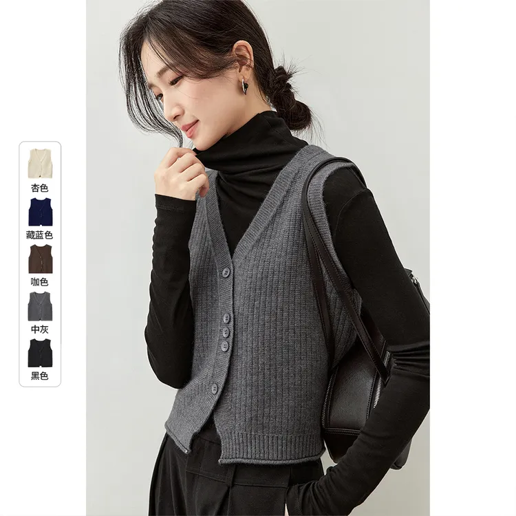 尚都比拉 简约休闲叠搭背心V领弧形门襟单排扣短款无袖马甲56735